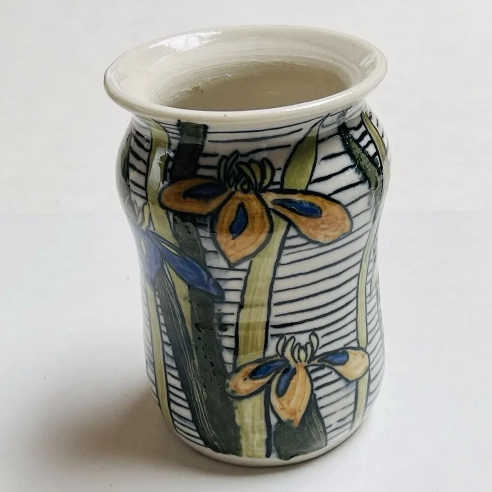 Studio Art Pottery Vase Signed Floral Blue Iris Home Decor